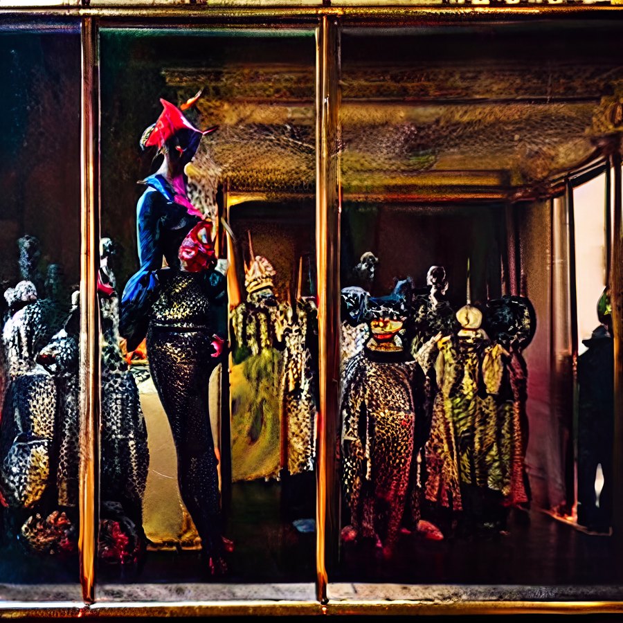 A tall stylized ceremonial figure in red and black stands inside a glass-fronted room while a group of patterned figures gathers behind it.