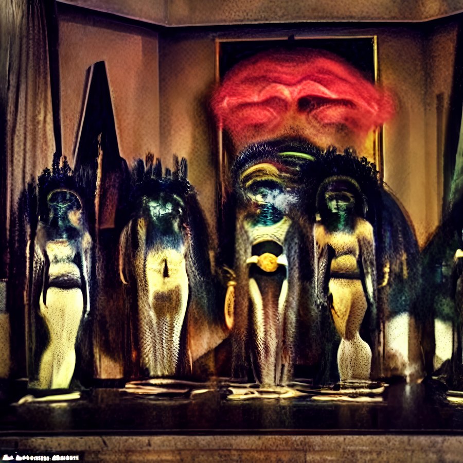 Four elongated ceremonial figures stand beneath a large red mask-like form, framed by black angular shapes in a dim room.