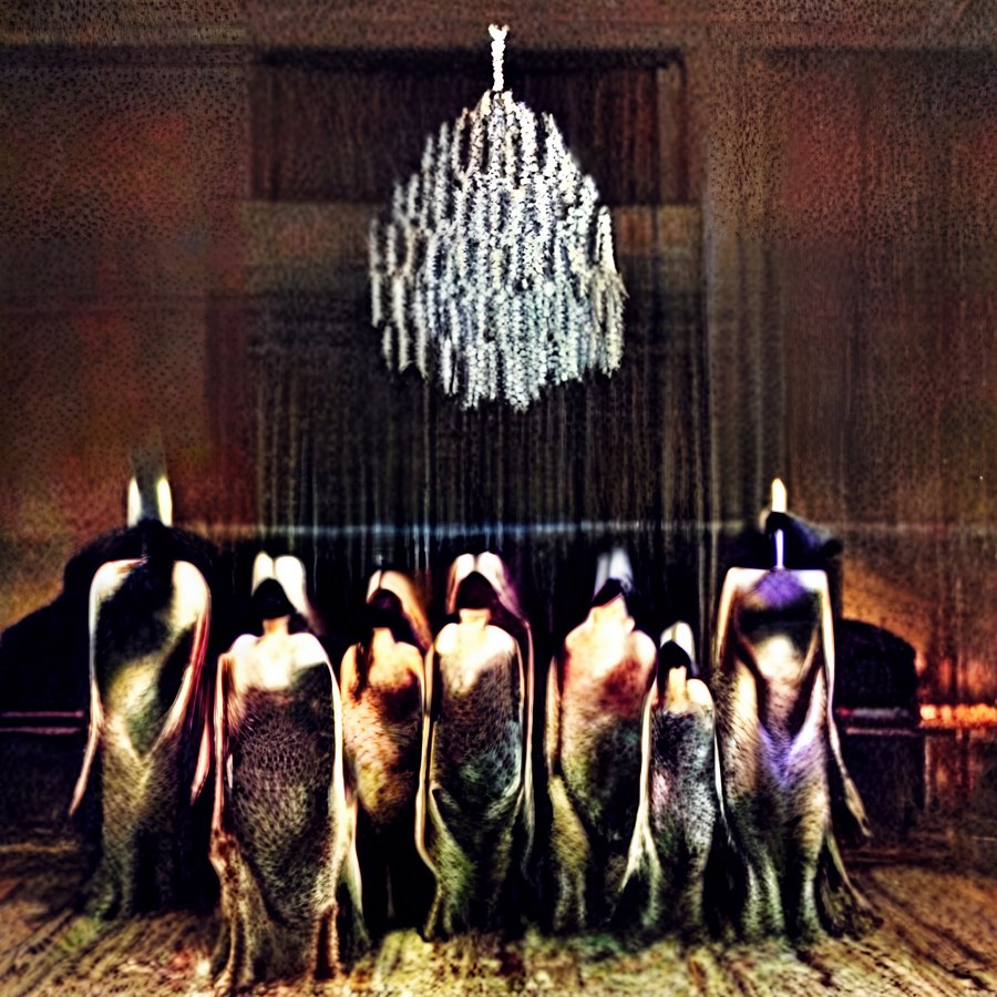 A row of pale hooded ceremonial figures stands beneath a crystal chandelier in a dark wood-paneled interior.