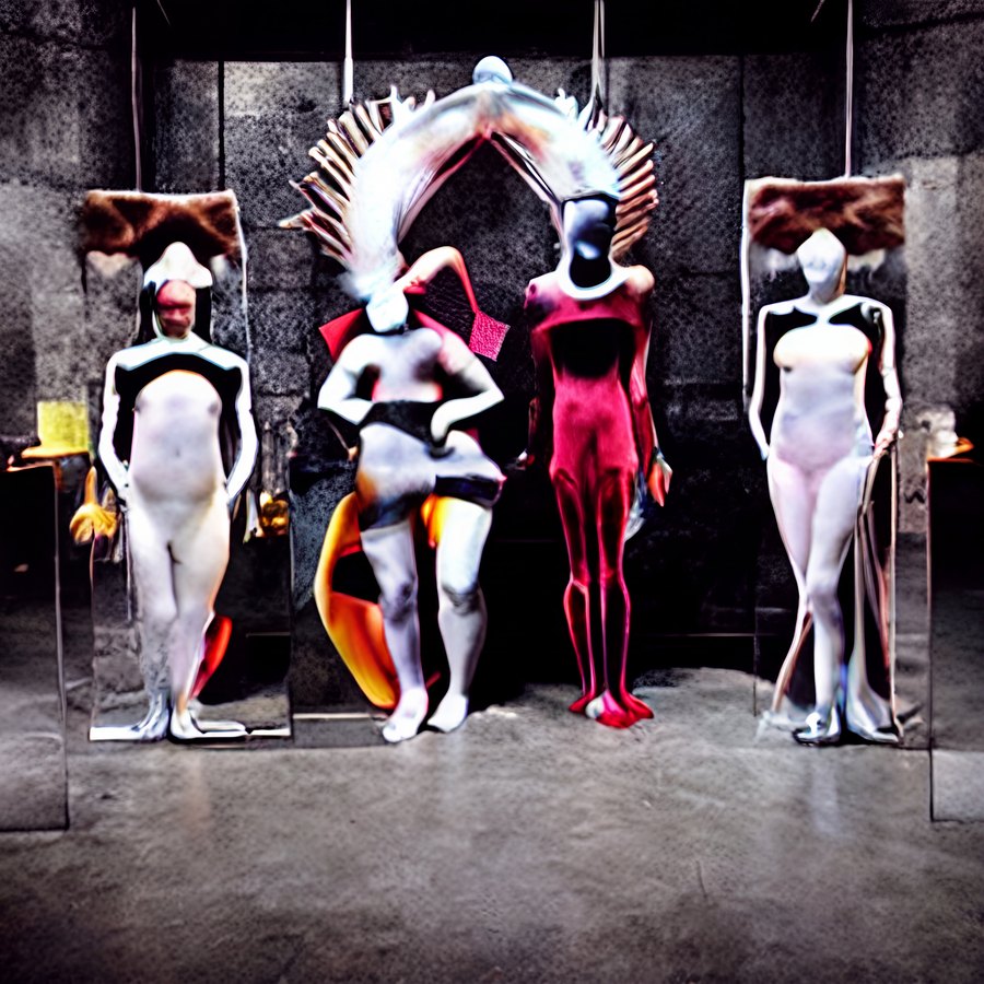 Five mannequin-like synthetic figures pose in a gray ceremonial room, including a central white figure with a radiating circular headdress.