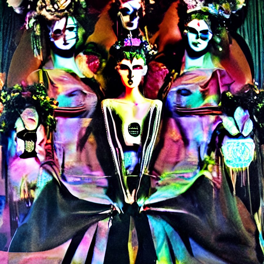 A dense group of vividly colored mask-like ceremonial figures surrounds a pale central figure in a black-and-white sculptural gown.