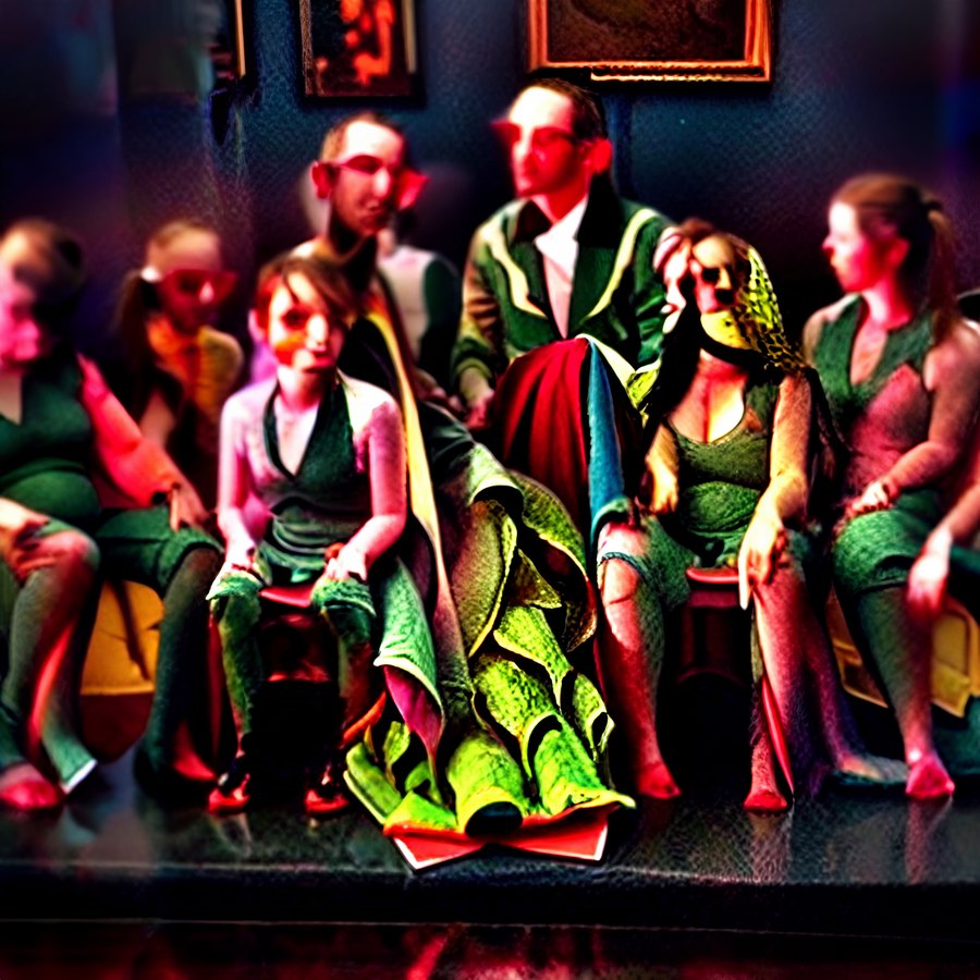 A theatrical group of formally dressed synthetic figures sits and stands together in a dark room with saturated red and green lighting.