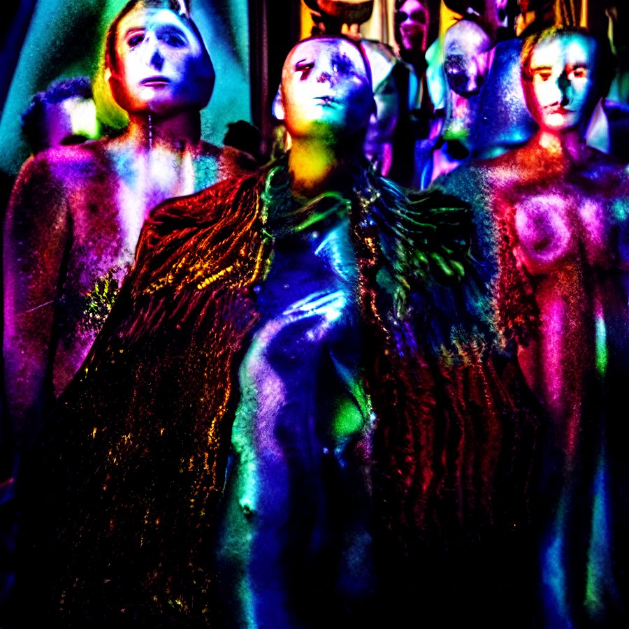Four luminous synthetic figures with pale mask-like faces stand close together in saturated blue, magenta, green, and red light.