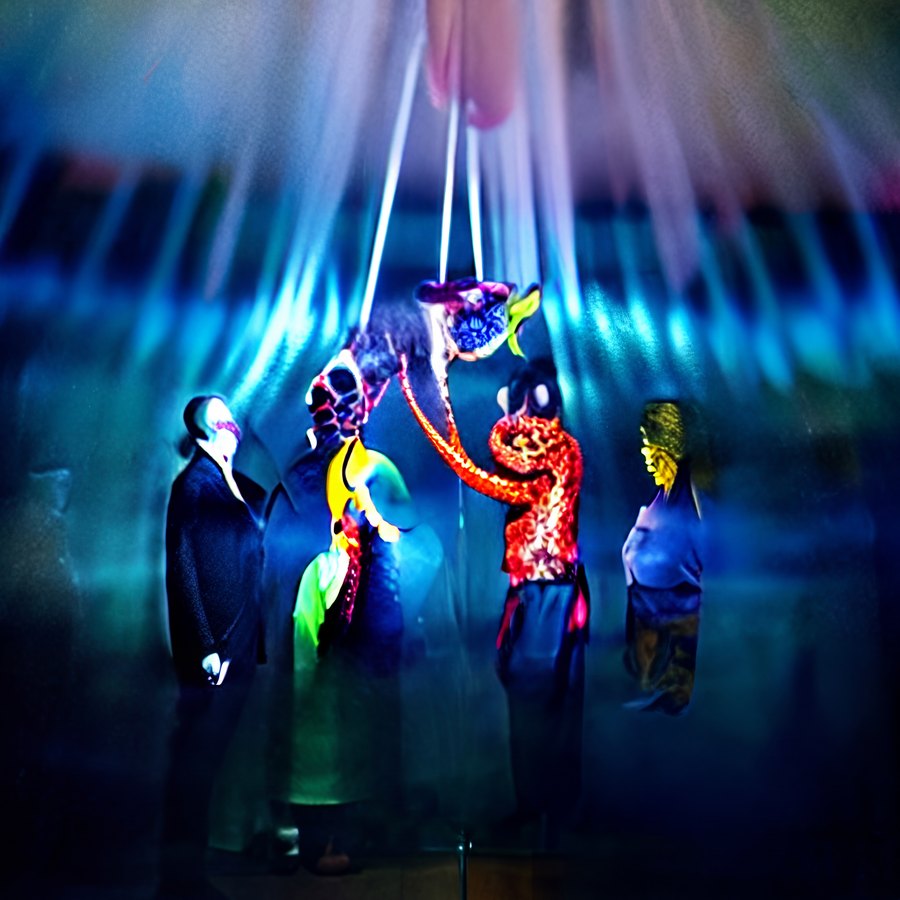 Five synthetic figures perform beneath bright blue-white beams of stage light, with one central figure raising an object toward another.