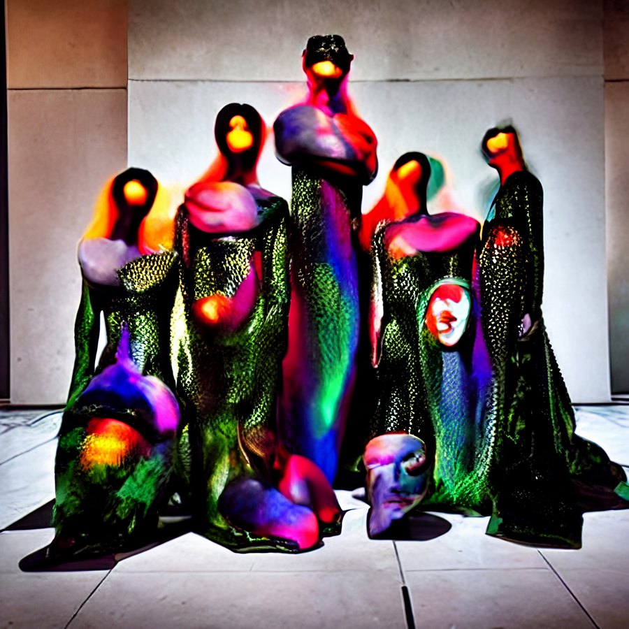 A sculptural gathering of hooded synthetic figures in black and vivid colors stands and crouches against a pale tiled architectural wall.