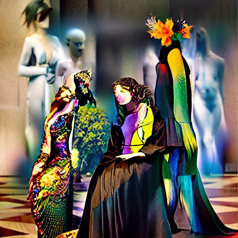 Several elaborate synthetic figures in floral and jewel-toned ceremonial garments gather around two seated figures in a pale architectural interior.