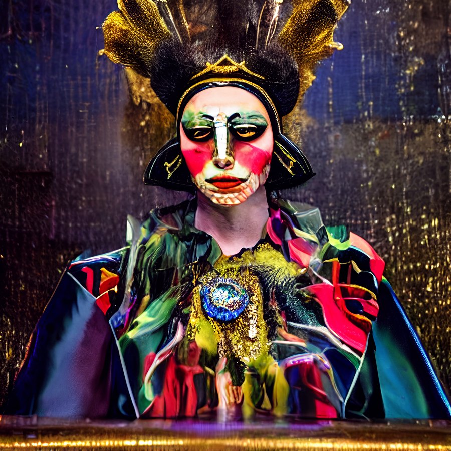 A fantastical portrait of a pale mask-like figure with dramatic black-and-gold headdress, painted facial geometry, and richly patterned ceremonial clothing.