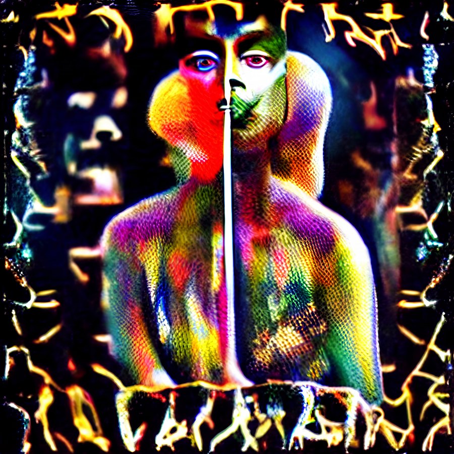 A brightly colored fantastical portrait of a smooth humanoid figure with exaggerated rounded shoulders, a split-color face, and luminous abstract markings behind it.