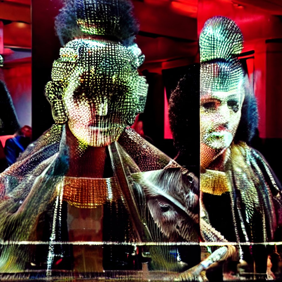 Two fantastical masked figures in dark clothing stand against a red interior, their faces and head coverings rendered in dense dotted synthetic textures.