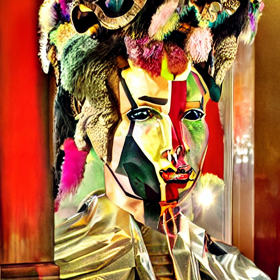 A stylized fantastical portrait with a geometric multicolored face, black painted eyes and lips, a gold collar, and an elaborate feathered or sculptural headdress.