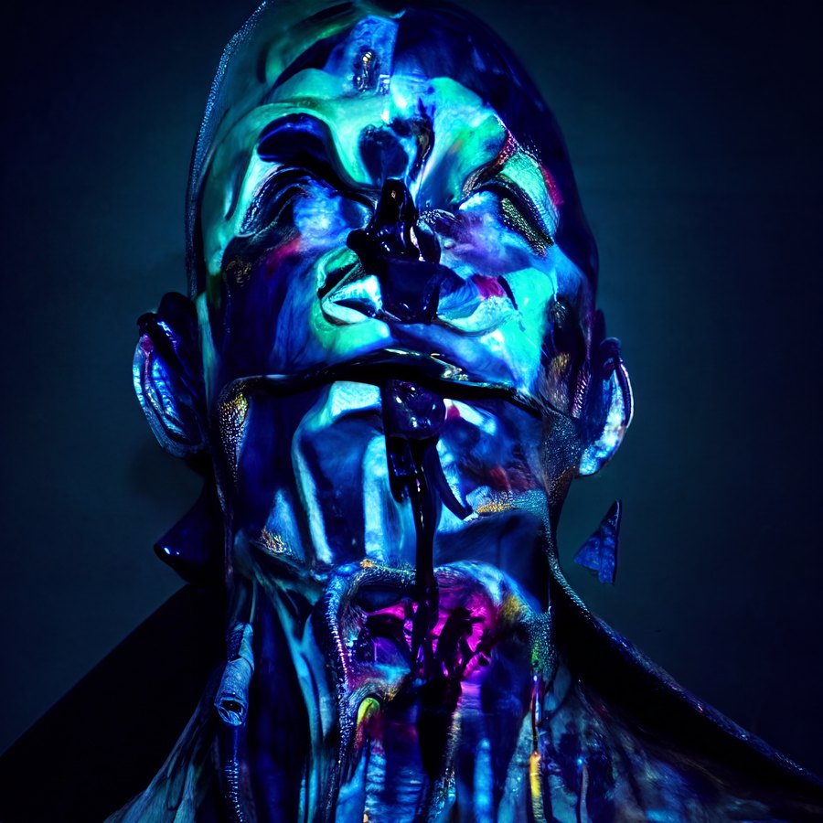 A close-up fantastical portrait of a blue and violet synthetic face with reflective layered surfaces, dark eyes, and sculptural forms extending down the neck.