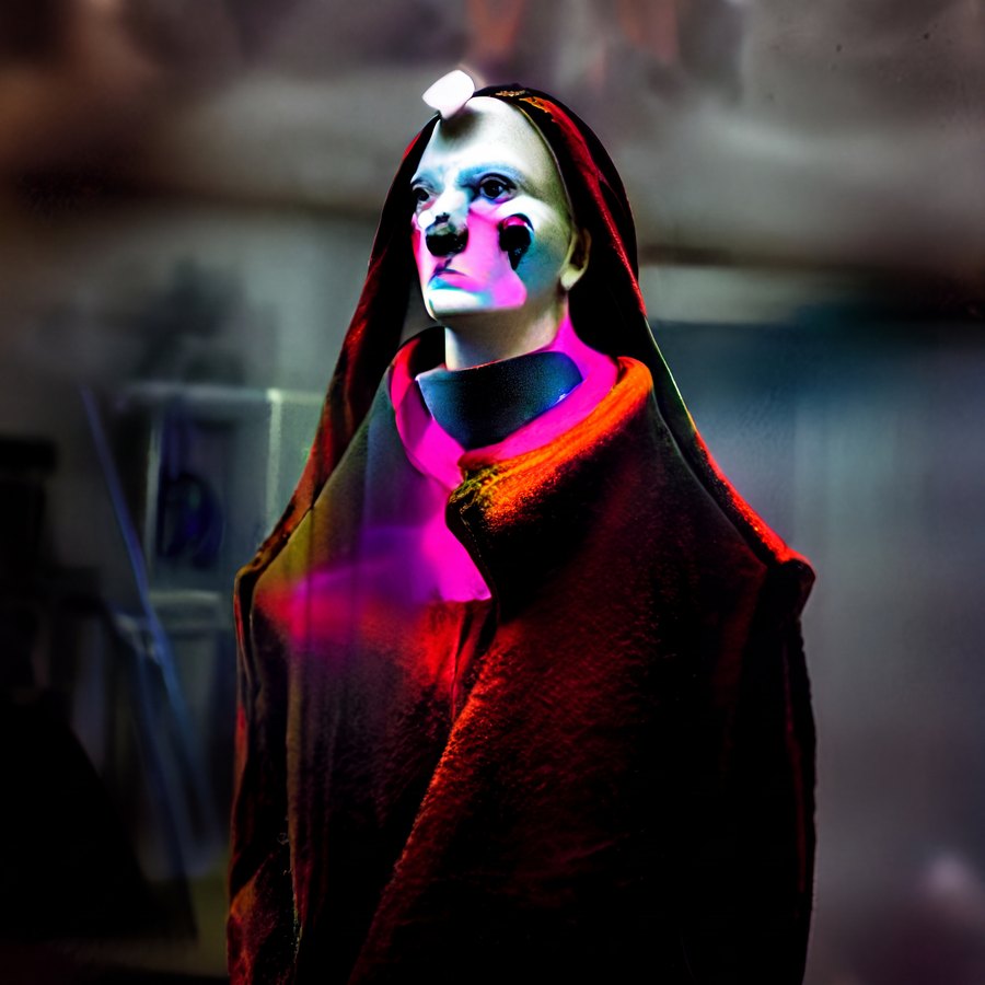 A hooded fantastical figure with a pale mask-like face, pink and green markings, and a deep red-black cloak stands in a softly blurred interior.