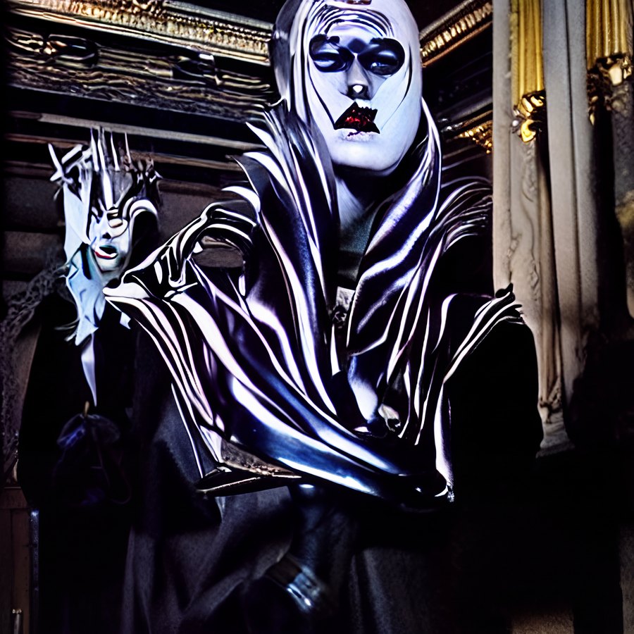 A monochrome fantastical portrait of a tall masked figure in flowing black-and-silver robes, one hand raised beside the face in a theatrical pose.