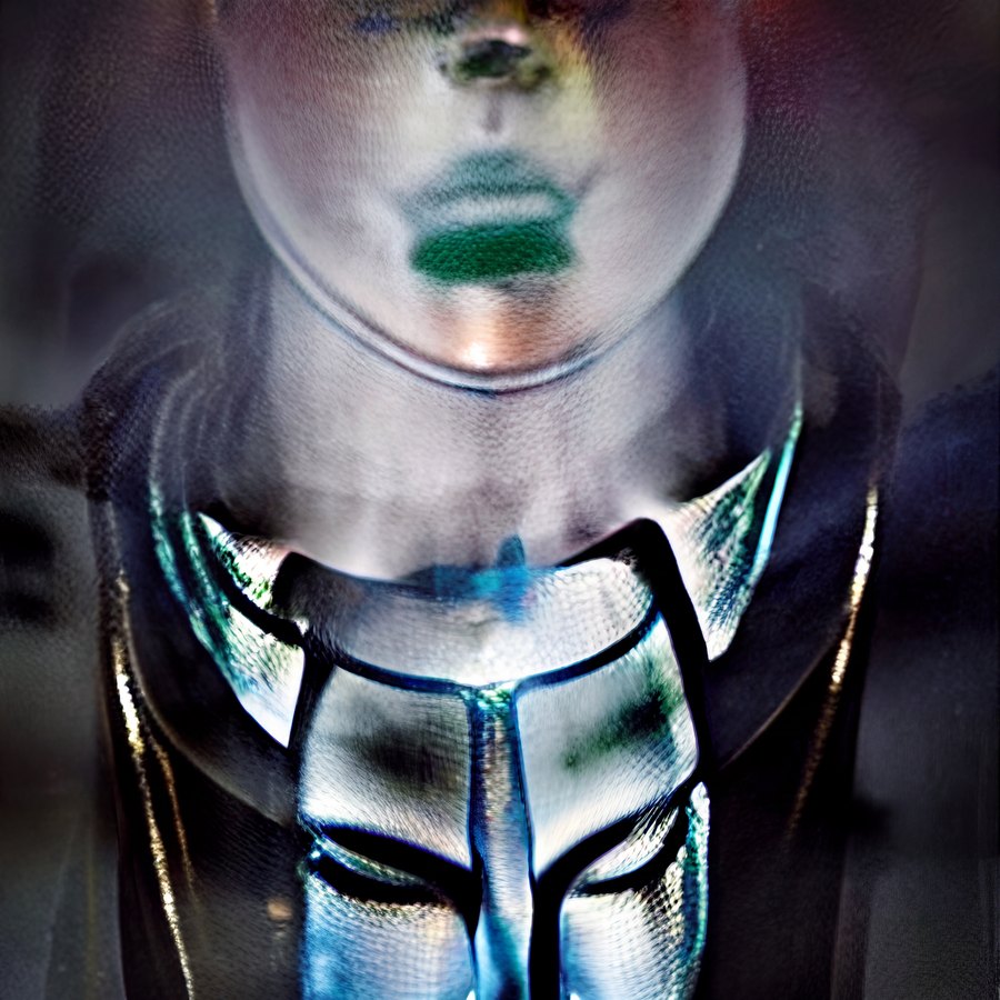 A softly blurred fantastical portrait of a pale face with green lips above a metallic black-and-silver sculptural collar.