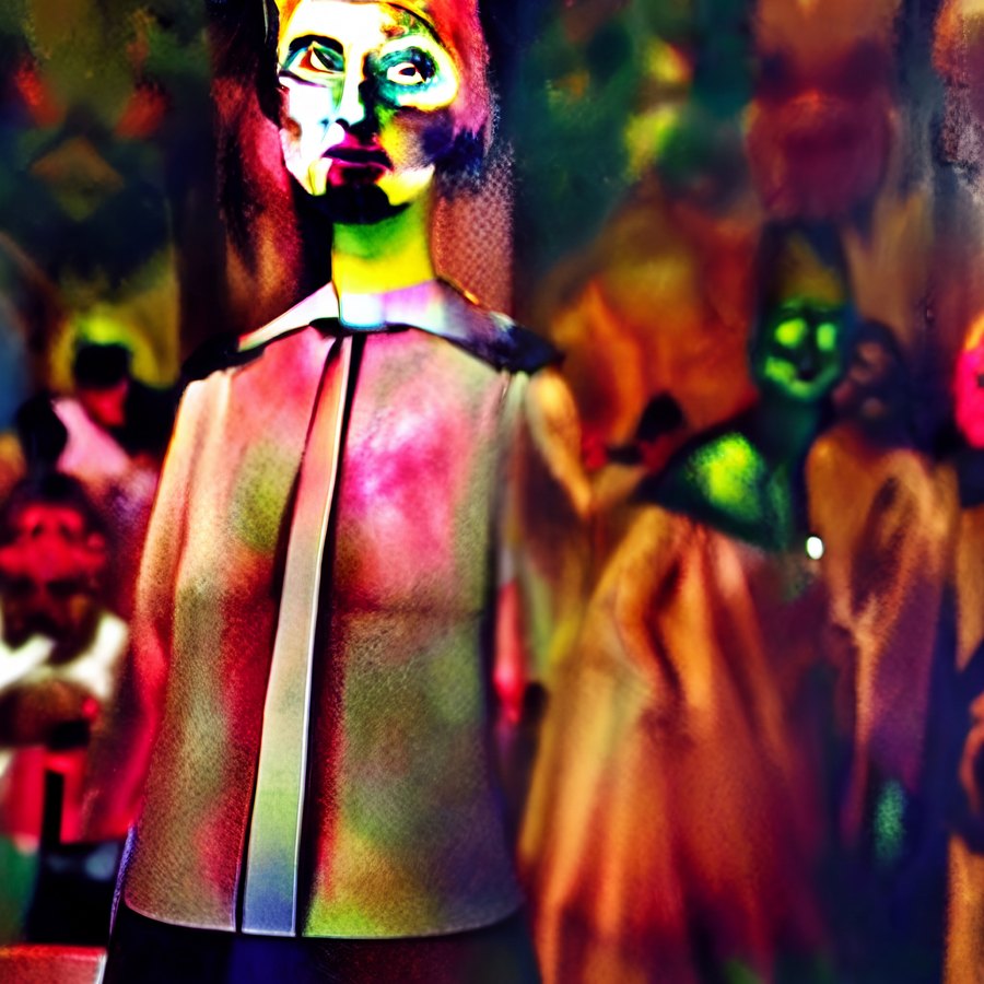 A slender fantastical figure with a pale painted face and long geometric garment stands before a colorful crowd of similarly surreal figures.
