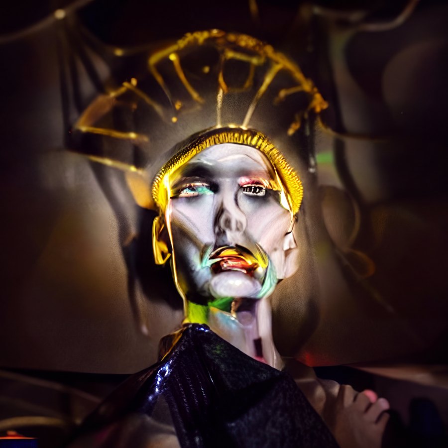 A pale metallic fantastical portrait with a circular gold halo-like headdress, angular facial planes, and dark clothing against a dim architectural interior.