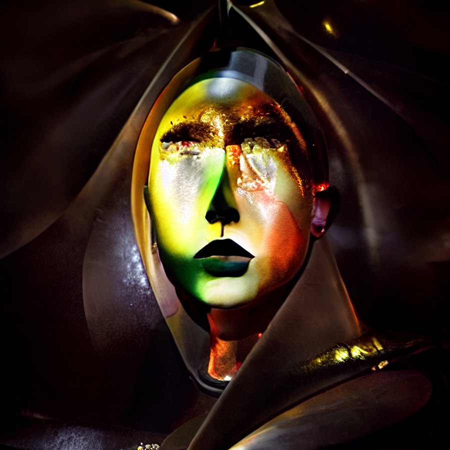 A close fantastical portrait of a smooth pale face with green, gold, and red reflections framed by a dark sculptural hood.