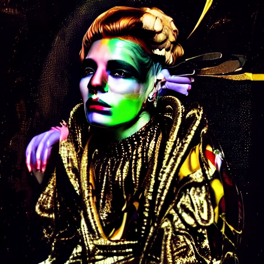 A regal fantastical portrait with a pale green-and-violet face, sculpted hair, and elaborate gold-black braided clothing and adornment.