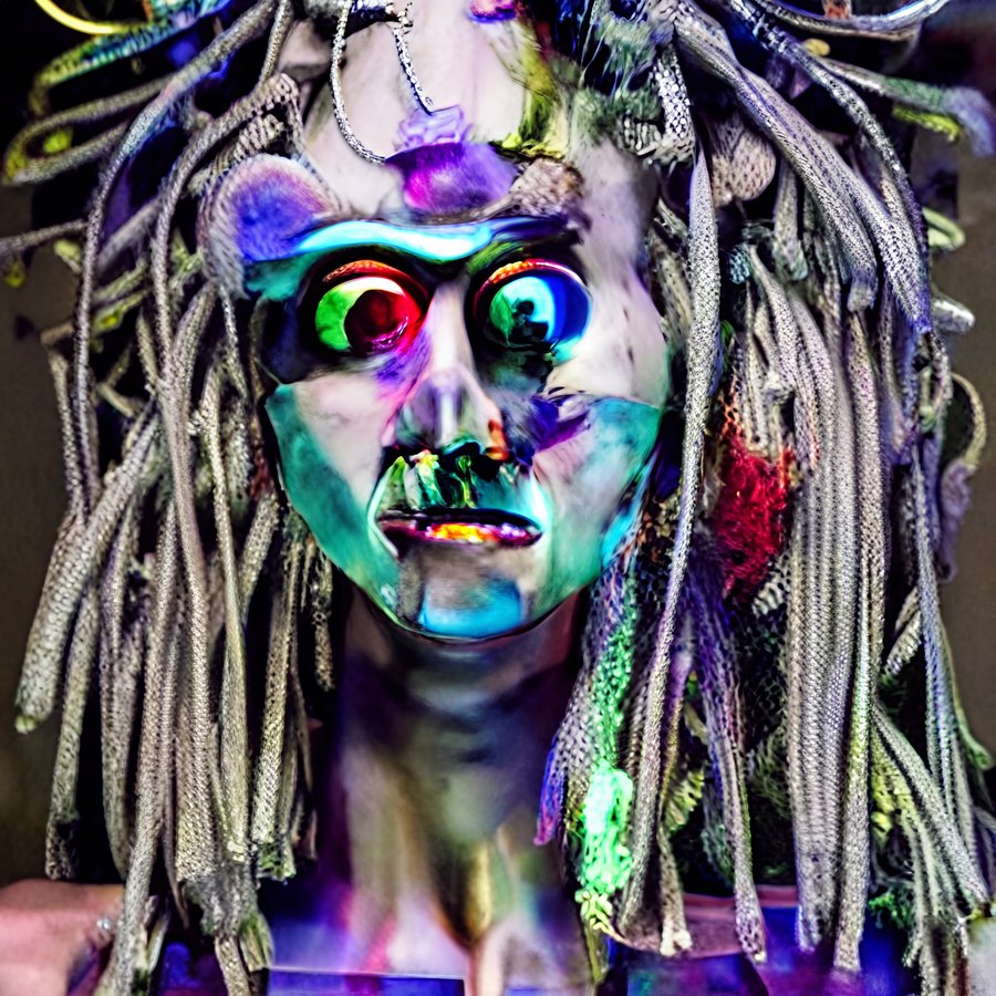 A wide-eyed silver-gray mask-like face with vivid red and green eyes, framed by a dense cable-like headdress.
