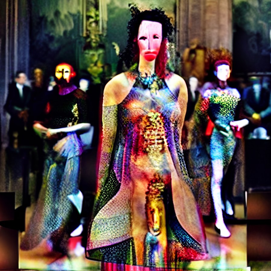 An elongated masked figure in a patterned dress standing at the front of a blurred, surreal formal procession.
