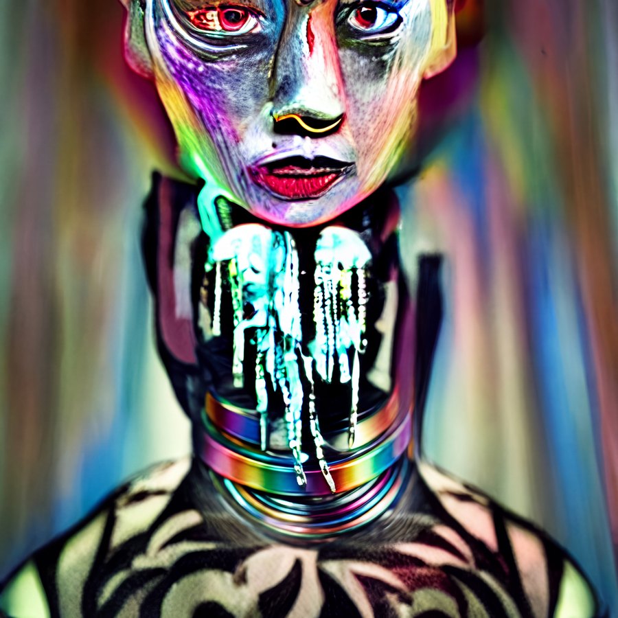 An elongated iridescent head and neck with stark eyes, layered metallic forms, and a dripping sculptural chin.