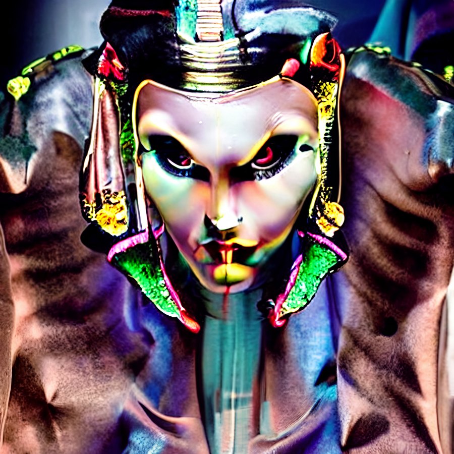 A broad-shouldered surreal figure with an angular animal-like mask, bright eyes, and jewel-toned ceremonial details.