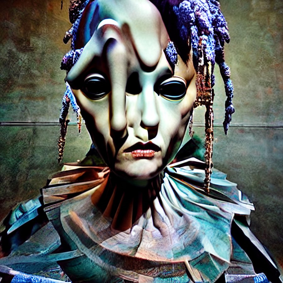 A pale mask-like face with impossible elongated facial planes, dark oval eyes, hanging strands, and a layered sculptural collar.