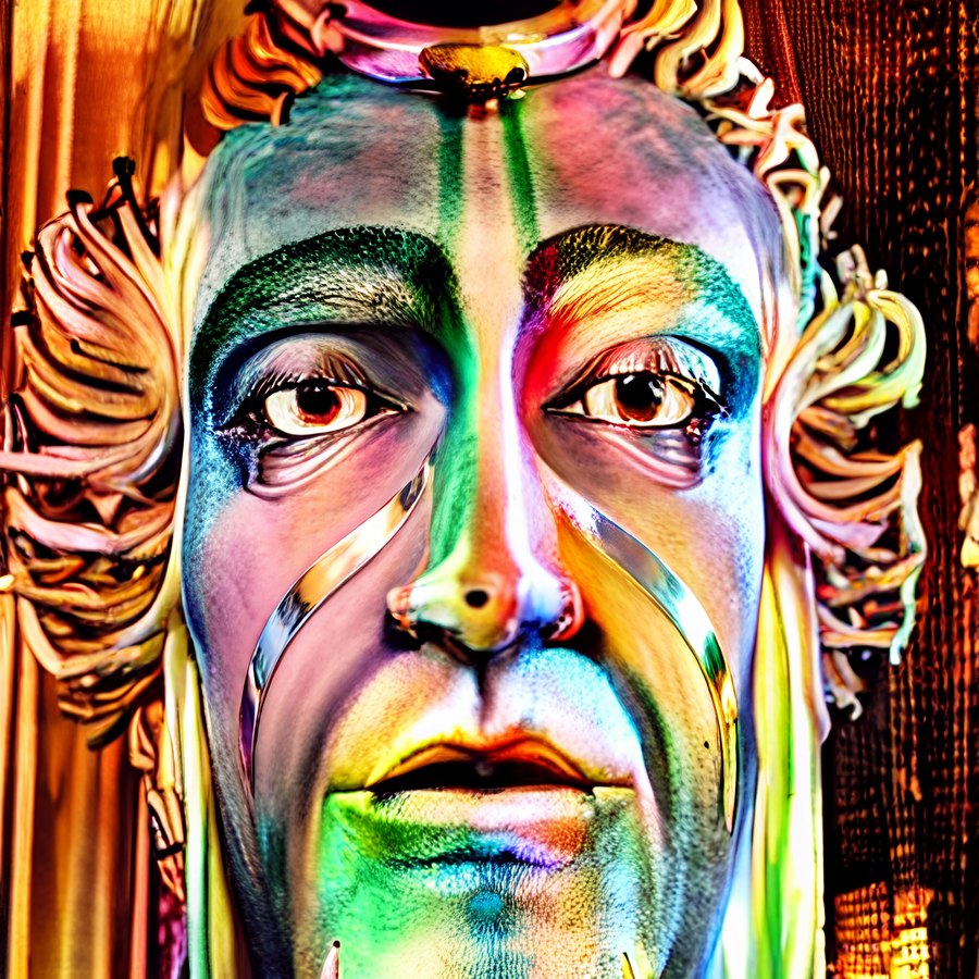 A frontal iridescent mask-like face in turquoise, gold, and pink, surrounded by an ornate radiating collar.