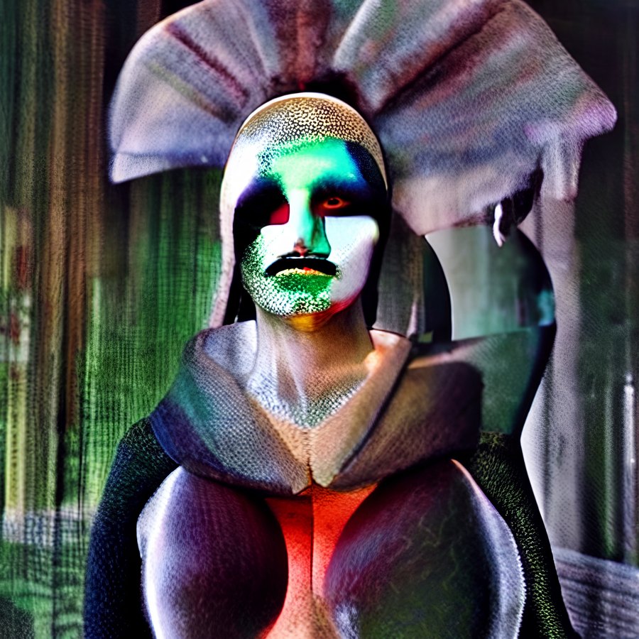 A stylized ceremonial figure with a white mask, enormous fan-like headdress, and exaggerated sculptural shoulders and torso.