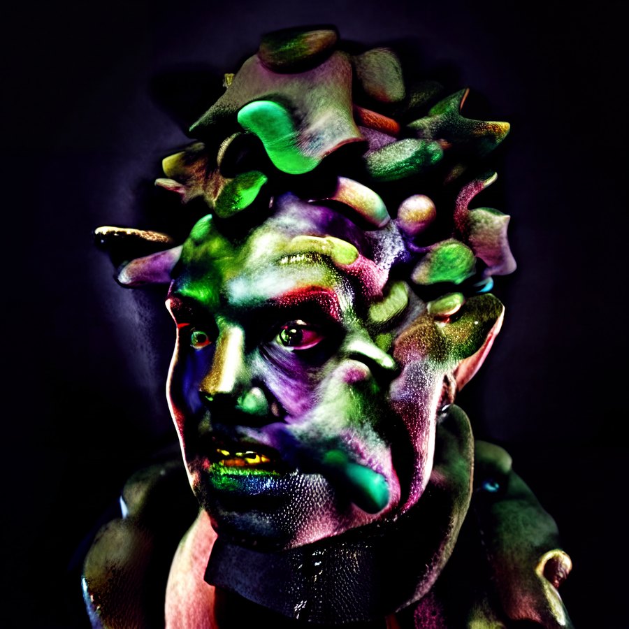 A close-up grotesque bust with a mottled green, purple, and black face covered by layered organic sculptural growths.