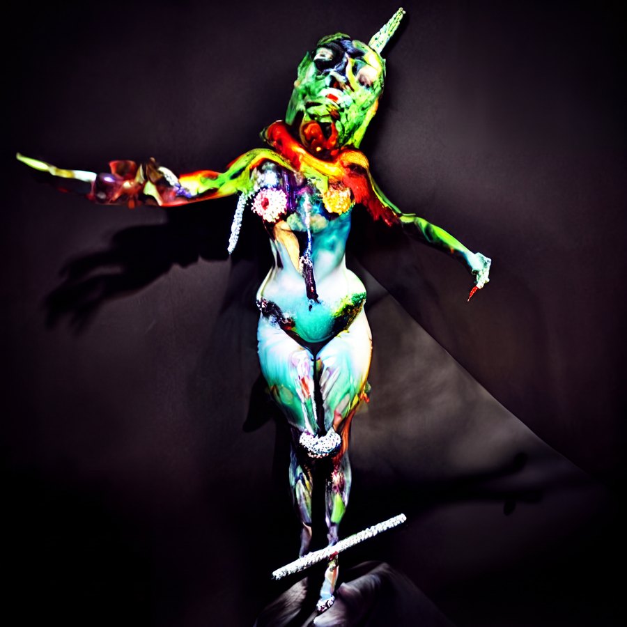 A brightly colored elongated humanoid figure with outstretched arms, balancing against a dark background like a ritual performer.