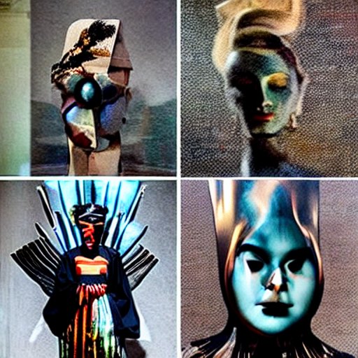 Four-panel surreal specimen board combining costumed figures, mask-like faces, and distorted human forms.