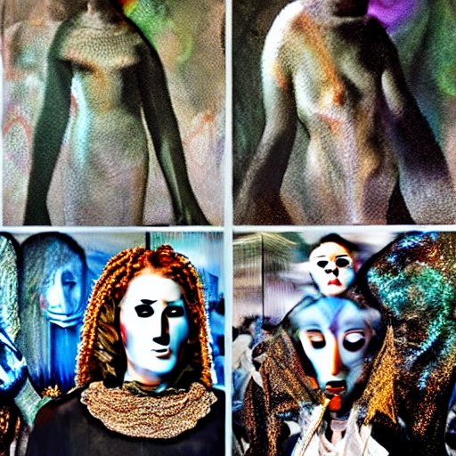 Four-panel surreal specimen board combining distorted human torsos and stylized mask-like portraits.