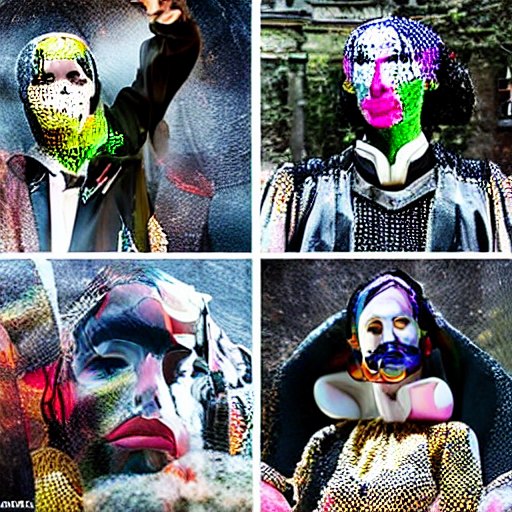 Four-panel surreal specimen board of stylized humanlike forms and mask-like figures.