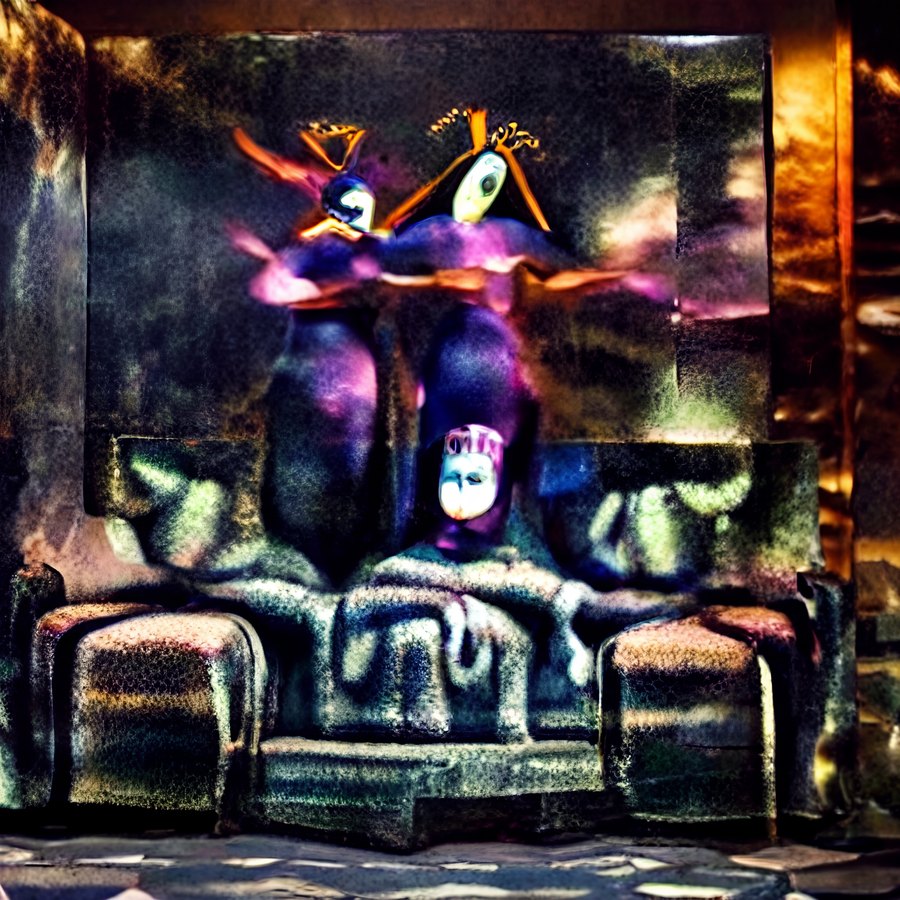 A dim surreal interior with a dark sofa-like form, a small pale face at center, and abstract hovering shapes above it.