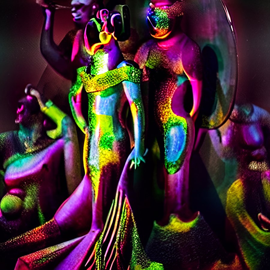 A neon multicolored group of elongated synthetic figures arranged in a dense purple, green, and magenta dream tableau.