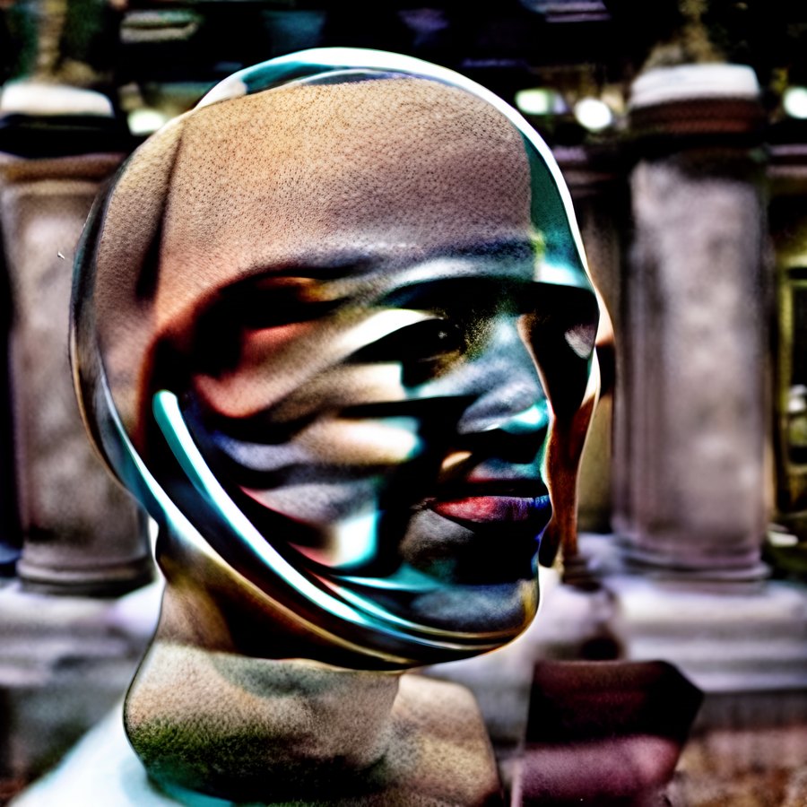 A surreal synthetic bust in profile with a bald head, layered iridescent liquid-metal facial bands, and dark sculptural features against a softly blurred architectural background.