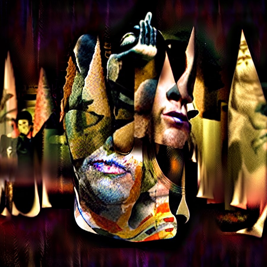 A fragmented synthetic figure composed of floating mask-like faces, hands, and angular forms against a dark stage-like background.