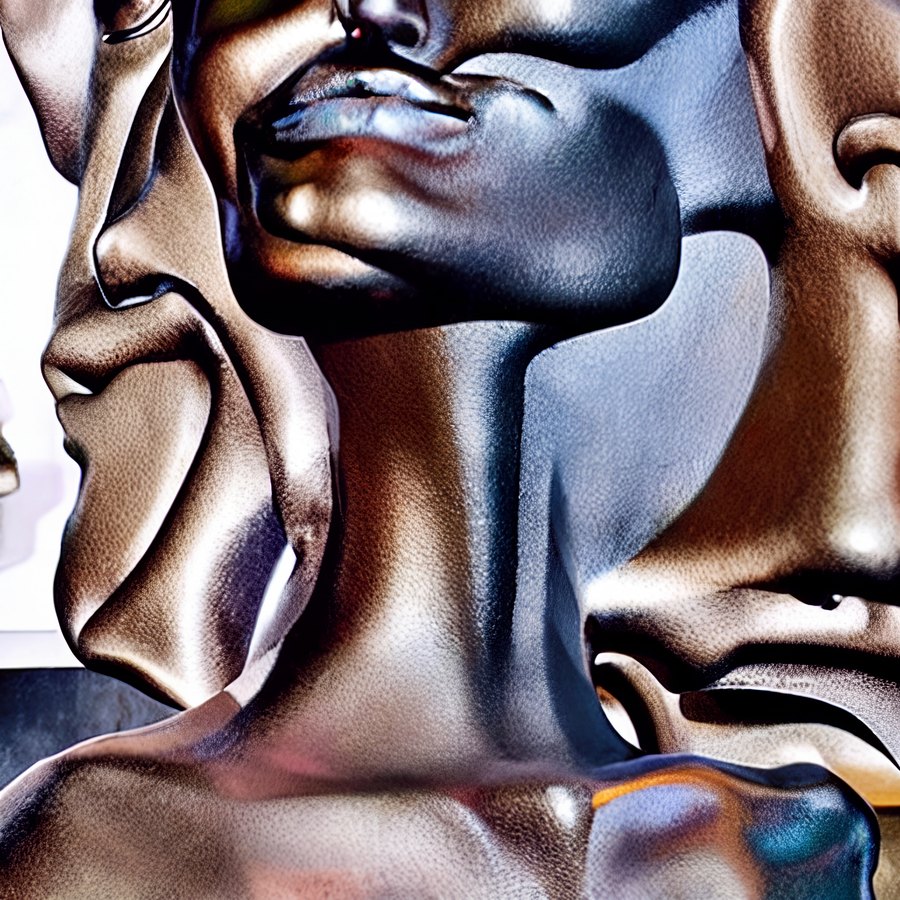A close-up silver-gray synthetic face broken into overlapping smooth facial fragments and sculptural planes.