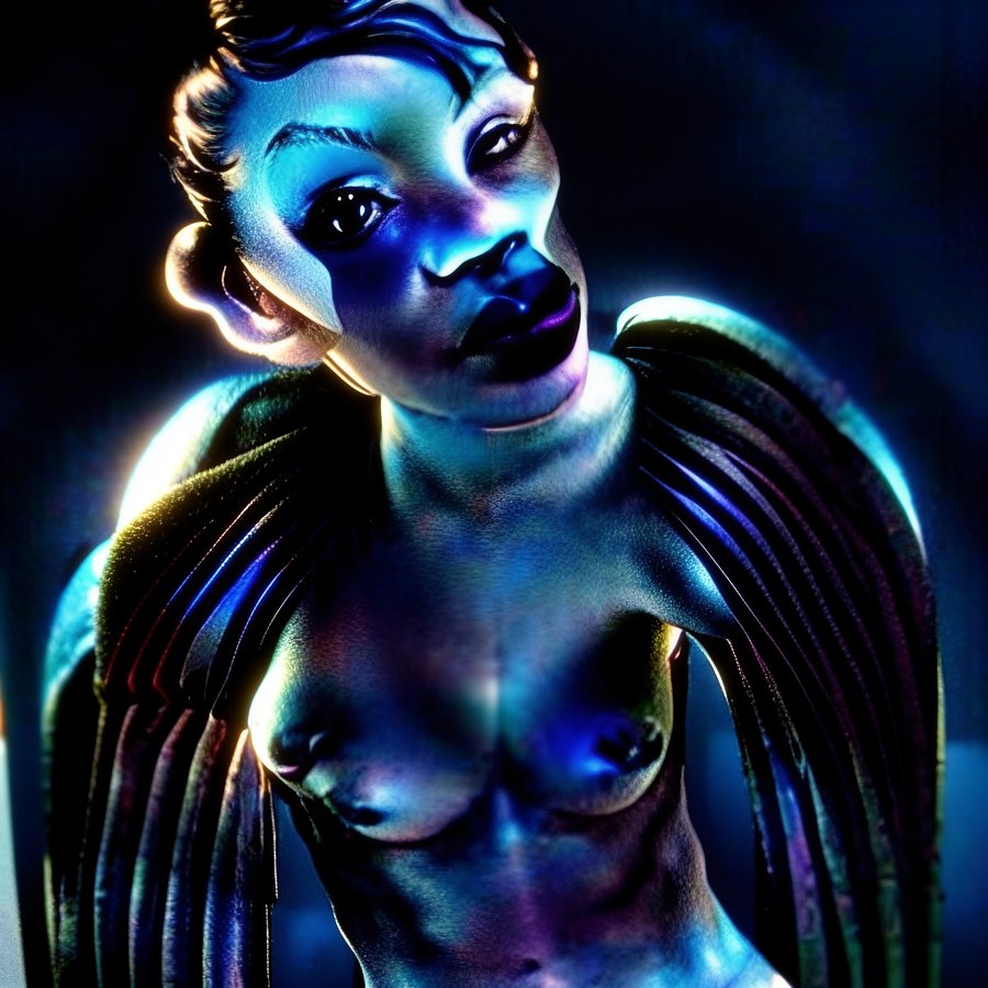 A blue-toned synthetic female bust with exaggerated facial features and dark ribbed shoulder forms against a deep black background.