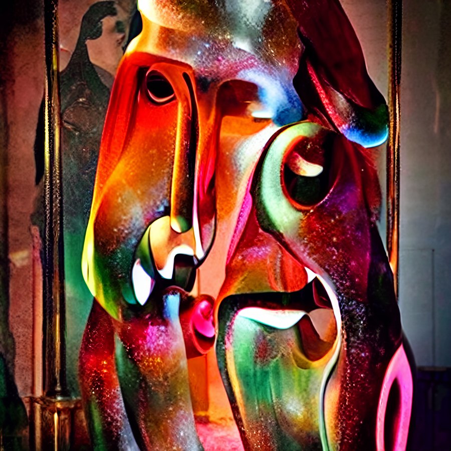 A vivid multicolored cubist synthetic face with elongated features, circular eye forms, and smooth interlocking sculptural planes.