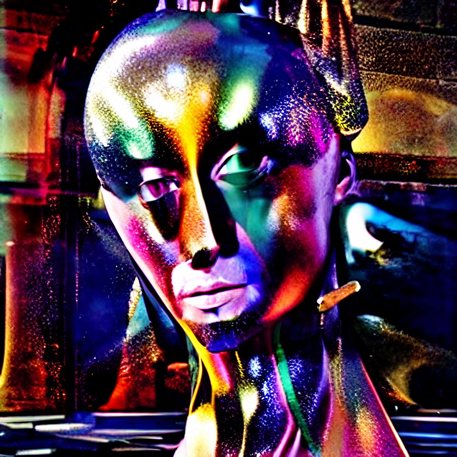 A bald metallic synthetic bust with rainbow reflections, dark stylized eyes, and a long reflective neck against a saturated interior.