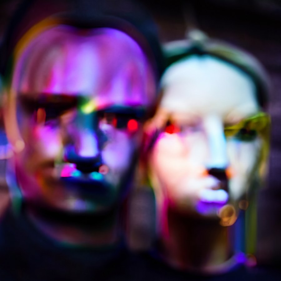 Two synthetic faces in shallow focus, with a glossy purple-blue mask-like face in front and a pale blurred face behind.
