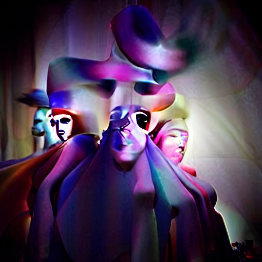 A group of pale mask-like synthetic figures in purple garments and oversized sculptural hats, arranged like a dream procession.