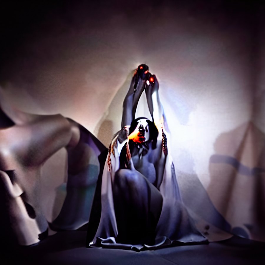 A dark surreal veiled figure seated beneath dramatic light with both arms raised overhead, small red glowing points at the hands and face, and deep theatrical shadows.