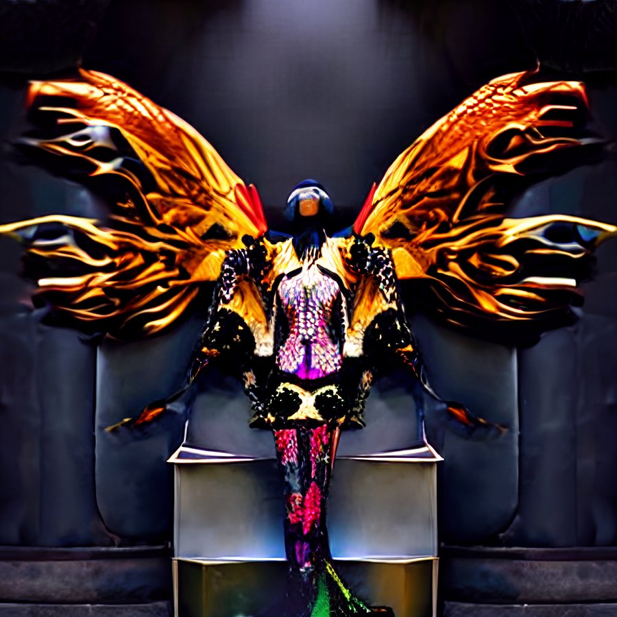 A theatrical synthetic figure with enormous orange-and-black wing-like forms spreading from the shoulders against a dark stage.