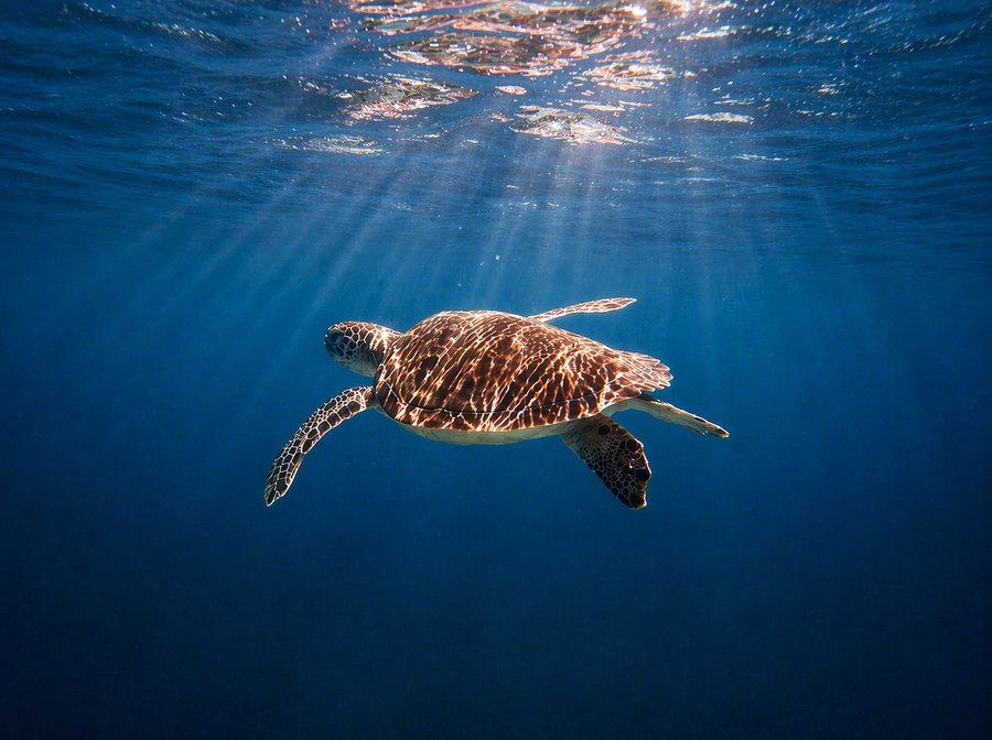 A sea turtle swims through clear blue water beneath shafts of sunlight filtering down from the surface.