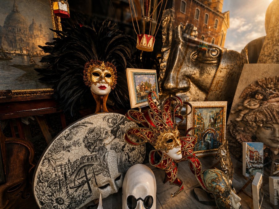 An elaborate Venetian carnival display layers masks, feathers, framed art, and decorative objects in warm light.