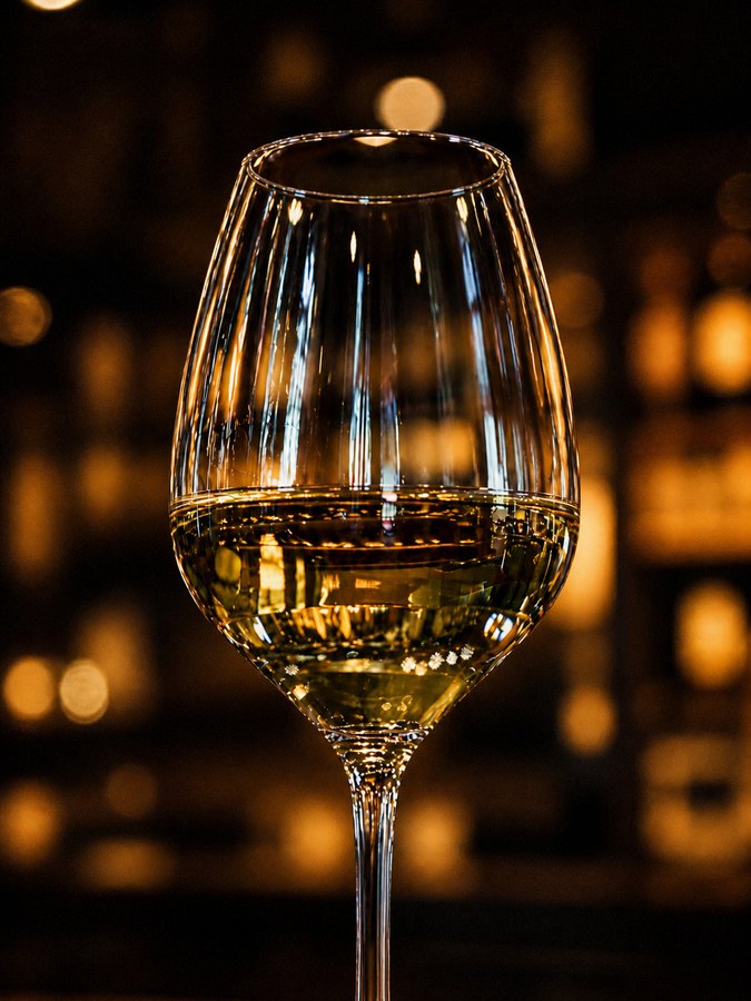 Stemmed wine glass holding amber-colored wine against a dark background of warm circular lights.