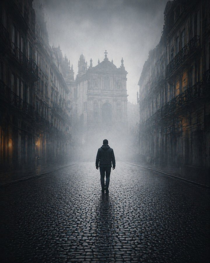 A solitary figure walks down a wet, mist-filled cobblestone street toward monumental architecture in the distance.
